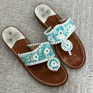 Jack Rogers teal white blue patterned leather sandal thong slide flip flop